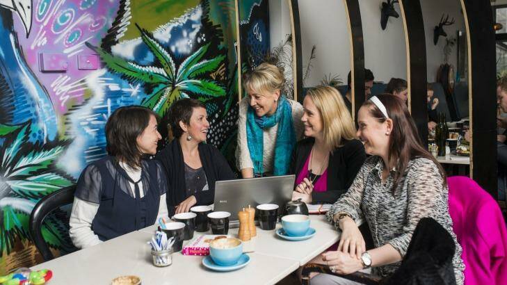 Tanja Meyerhofer, Amy Lees, Tanya Dannock, Vanessa Vanderhoek and Maree Gill during a meeting to discuss returning to work after caring for children. Photo: Rohan Thomson