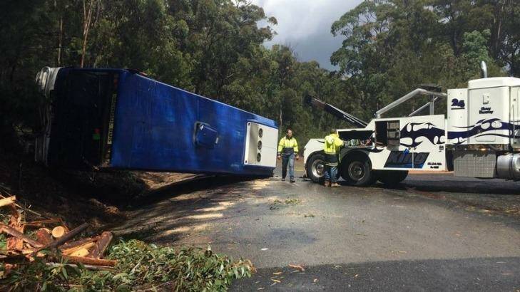 A bus with 20 students aboard has rolled over on the NSW south coast near Eden. Photo: Kate Liston, Eden Magnet