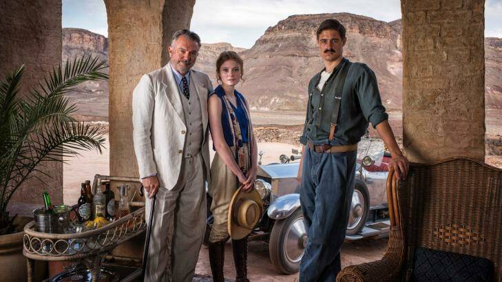Romance and intrigue: Sam Neill as Lord Carnarvon, Amy Wren as Evelyn and Max Irons as Howard Carter in Tutankhamun. Photo: Joe Alblas