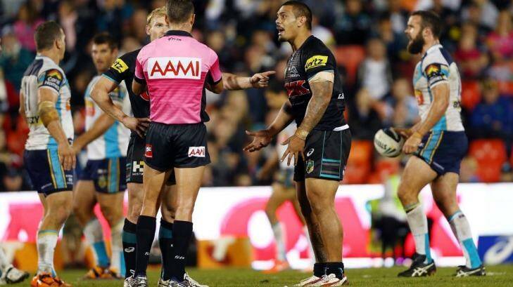 'He grabbed him on the nuts': Penrith skipper Peter Wallace and Sika Manu argue with the referee after an apparently wayward tackle by Greg Bird.