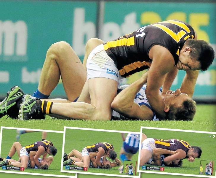 Worthy of attention: Friday’s altercation between Brian Lake and Drew Petrie. Photo: Channel Seven, Getty Images