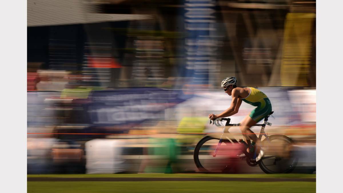 Devonport Triathlon: Launceston's Jake Birtwhistle pushes ahead during the bike leg. Photo: SCOTT GELSTON