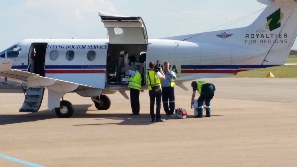 Royal Flying Doctor Service crew prepared to take off from Esperance Airport with the shark attack victim and transport him to Perth for further medical treatment. Photo: Esperance Express.
