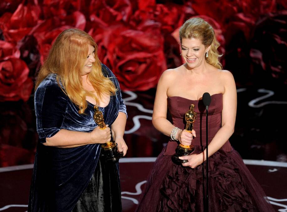 Adruitha Lee (L) and Robin Mathews accept the Best Achievement in Makeup and Hairstyling award for 'Dallas Buyers Club' onstage during the Oscars at the Dolby Theatre on March 2, 2014 in Hollywood Photo: GETTY IMAGES
