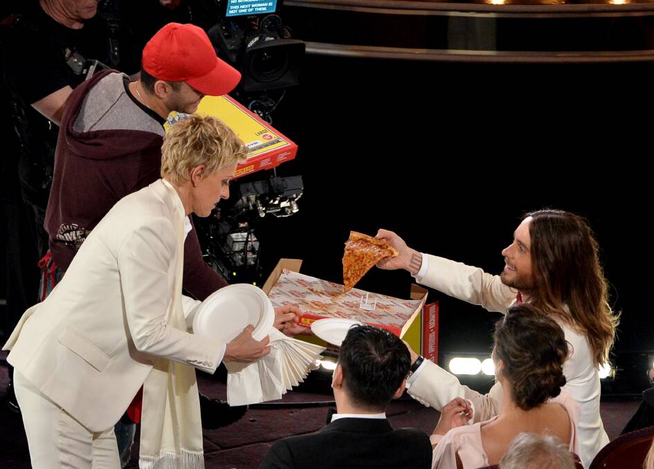 Host Ellen DeGeneres (L) and actor Jared Leto onstage during the Oscars at the Dolby Theatre on March 2, 2014 in Hollywood Photo: GETTY IMAGES