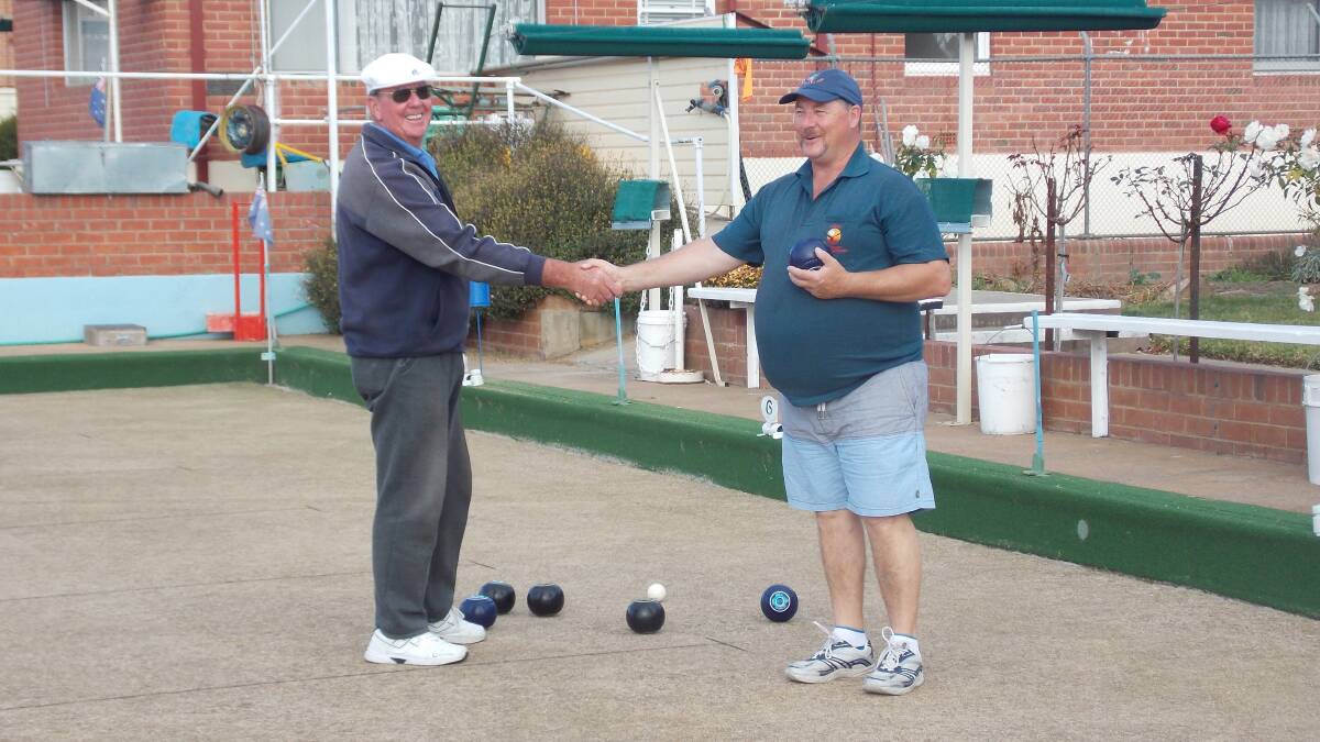 Barry Crouch and Greg Griggs at a recent social match at Bombala Bowling Club.