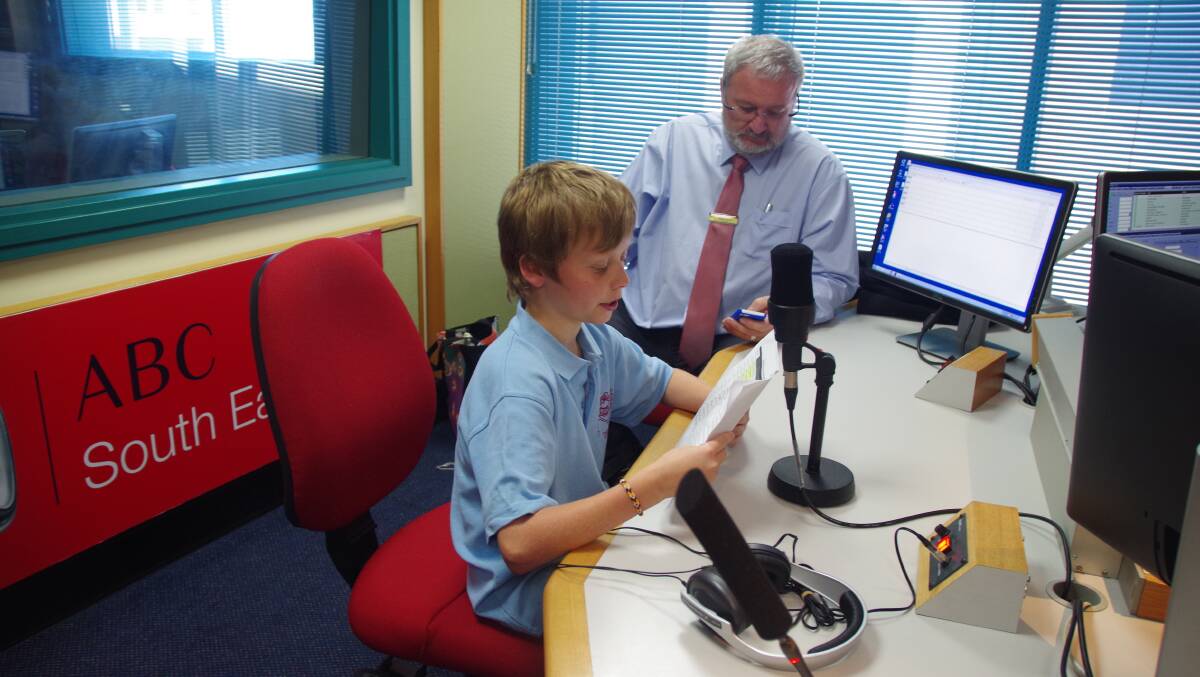 Bombala Public School Year 6 students took part in Soundscape, part of Centenary of Anzac commemorations, at the ABC’s studio in Bega on Monday. Marcus Campbell was one of hundreds of students from across Australia to read out the names of fallen Diggers