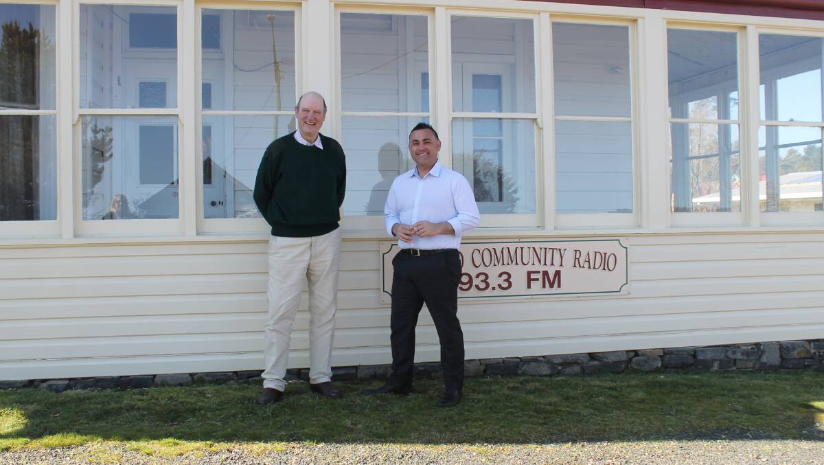 Richard Lawson of the Nimmitabel Advancement Group with John Barilaro MP at the Nimmitabel Community Centre on Monday.