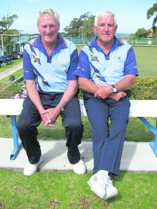 Athol Dent and Herbie Elliott share a quiet moment between bowls at the Tura Beach Country Club on Saturday.   
