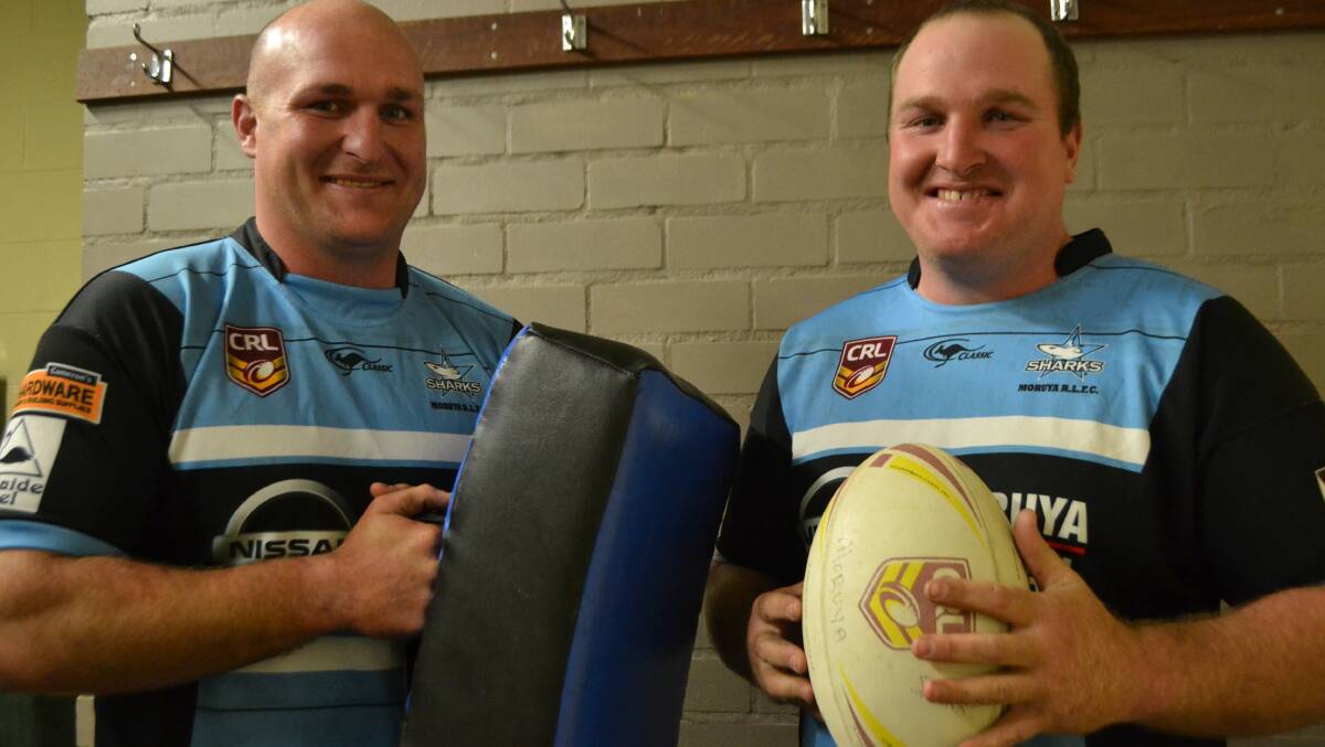 BROTHERLY SHOVE: Michael Weyman is set to run out with younger brother Tim in the Moruya Sharks’ clash against Cooma at Ack Weyman Oval on May 31.