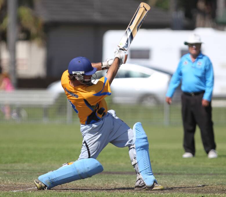 Oak Flats opener Kieran Gray goes over the top during Sunday’s T20 final where he scored 68 after earlier in the day scoring a century in the semi-final. Picture: DAVID HALL  