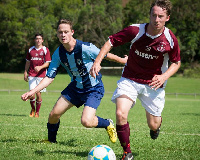 KIAMA: Picton Rangers Damien Counter and Kiama’s Keegan Berringer battle for the ball during the Rangers 5-2 win. Picture: ALBEY BOND 