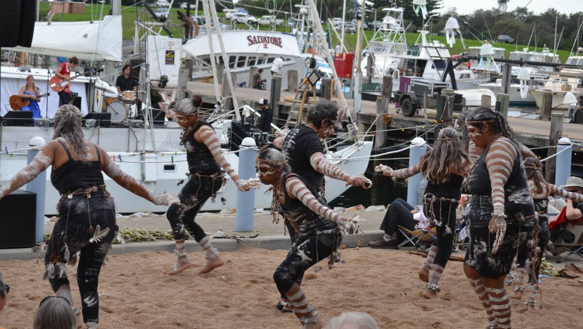 BERMAGUI: : The all-women indigenous Djaadjawan Dancers from Narooma perform to open the Four Winds community concert at the Bermagui Fisherman's Wharf on Easter Friday.
 