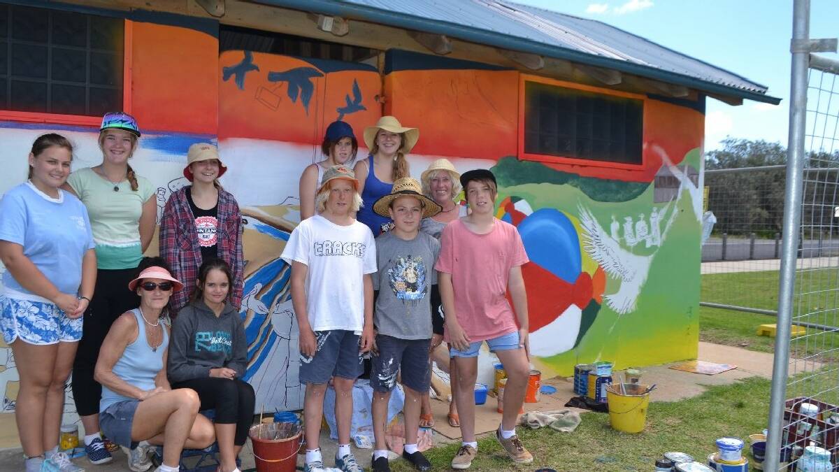 NAROOMA: Jayden Willis, Isabella Holdsworth, Jenni Bourke, Lizzy Kamevaar, Taleha Ardler, Tommy Driscoll, Abby Stokes, Tailem Brown, Will Middlemiss, Anne Spires and Jackson Kelly were surrounded by paint tins as they painted the mural on the Kianga toilet block. 