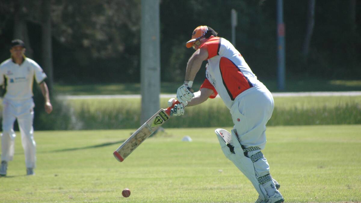  BATEMANS BAY: John Boller plays a ball off his pads against Shoalhaven Ex-Servicemens at Hanging Rock on Saturday. 