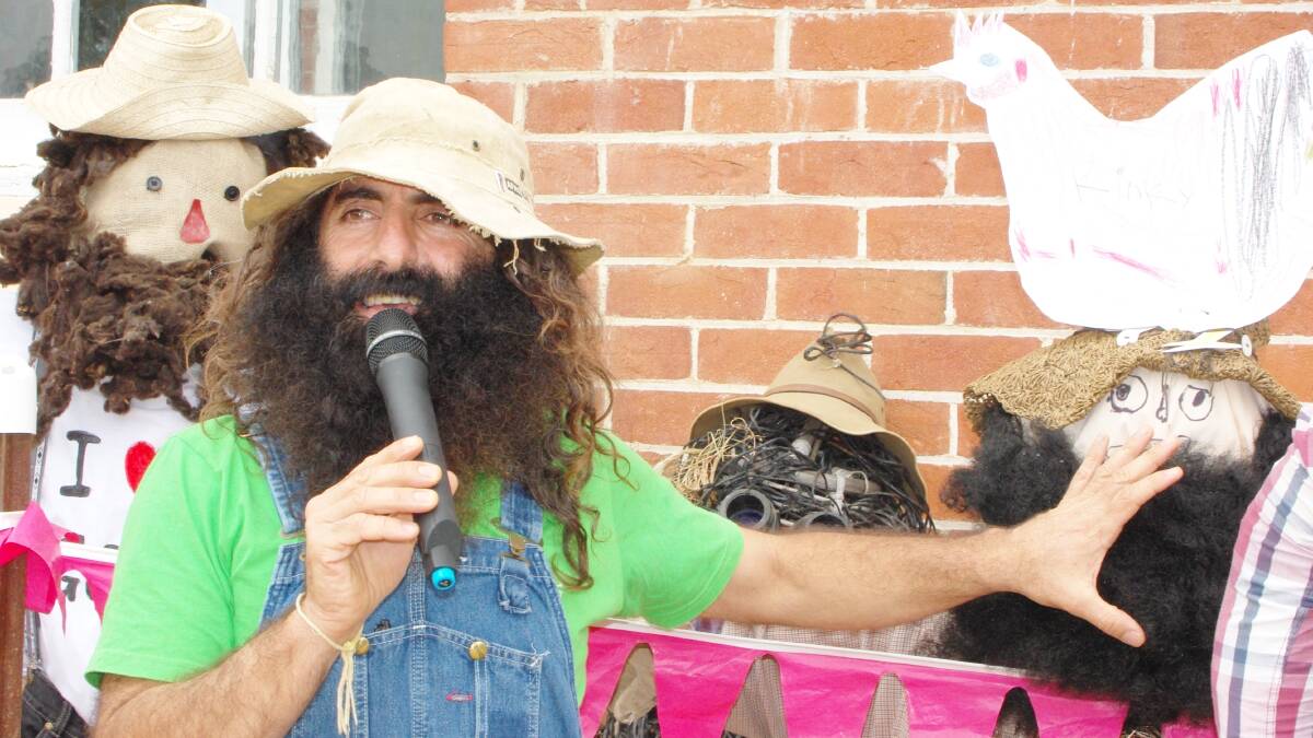 CANDELO: ABC TV personality Costa Georgiadis thoroughly entertains the crowd at Candelo Show, including while judging a lookalike scarecrow competition. 
