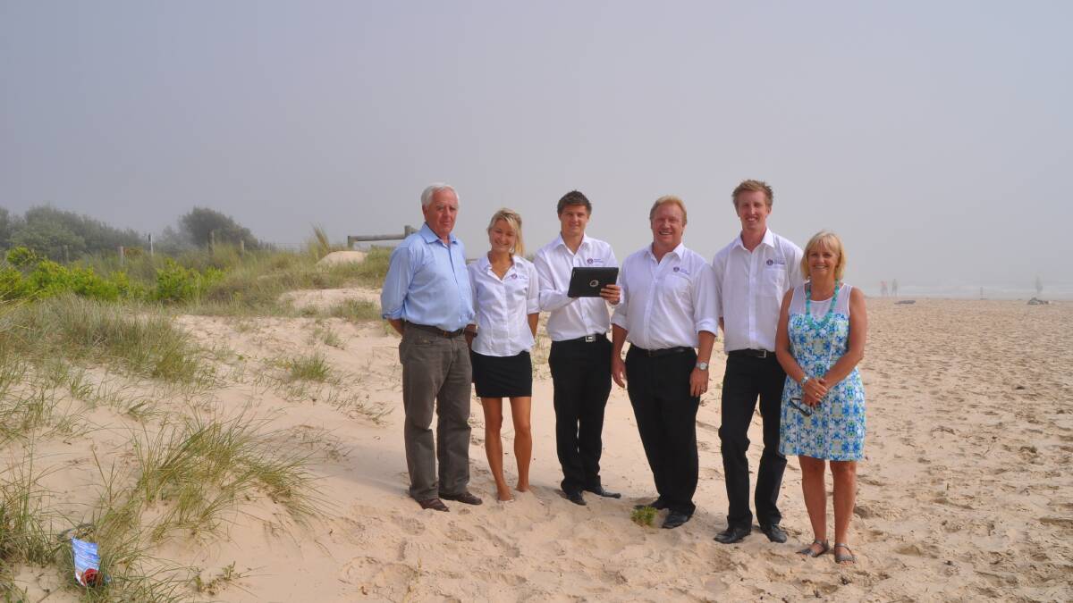 
PAMBULA: The launch of Project Blueprint at Pambula Beach … Bega Valley Shire mayor, Bill Taylor, left with Surf Life Saving NSW Coastal Risk officers, Camilla Green, Luke Stigter, Adam Weir, Chris Twine and council general manager, Leanne Barnes. 