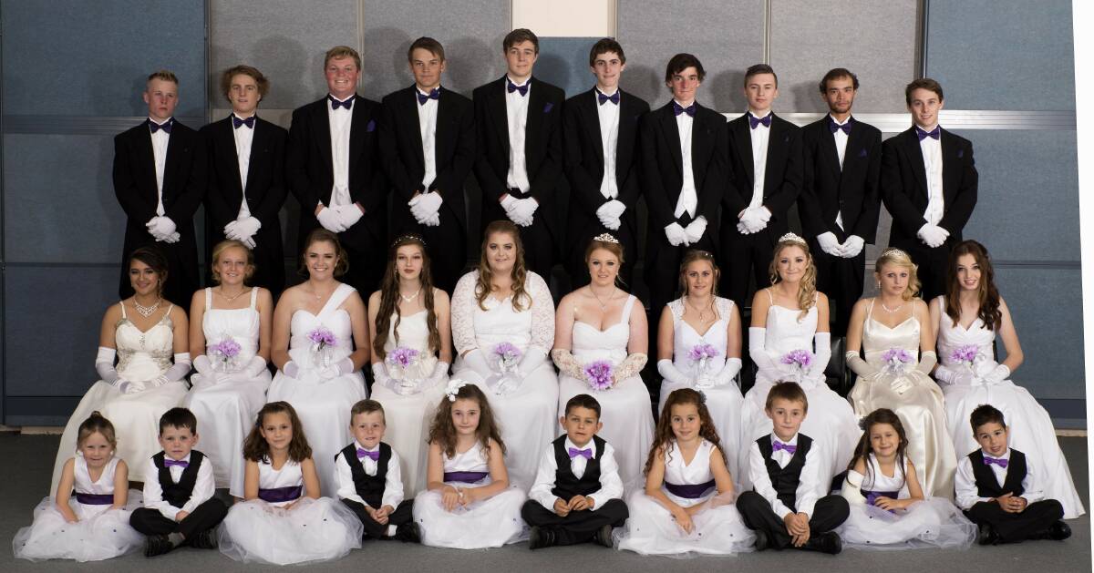 Taking part in this year’s Debutante Ball were (front row, sitting) flowergirls and pageboys,
Miller Stewart, Joey Sullivan, Sarah Marks, Jack Edgecombe, Grace Phillips, Orlando Papalia, Madison Papalia, Evan Phillips, Savanah Papalia and Jakeb Gay; (seated) Debutantes,
Janine Jamieson, Karli Toms, Tanika Hampshire, Ana Ponsford, Makayla Standen, Seanna Cox, Annie McGrath, Casey Richardson, Loretta Hines and Davina Duthie; (standing) Partners,
Daniel Douch, Lochie Bruce, Adam Rodwell, Aaron Cusbert,  Douglas Parsons, William Regent, Alex Rosten, Lawrance Salter, Lorenz Niven and Jack Parr. (Photo courtesy of Snowy Mountains Music Entertainment, reonchong1960@gmail.com. More photos can be viewed on their facebook page). 
