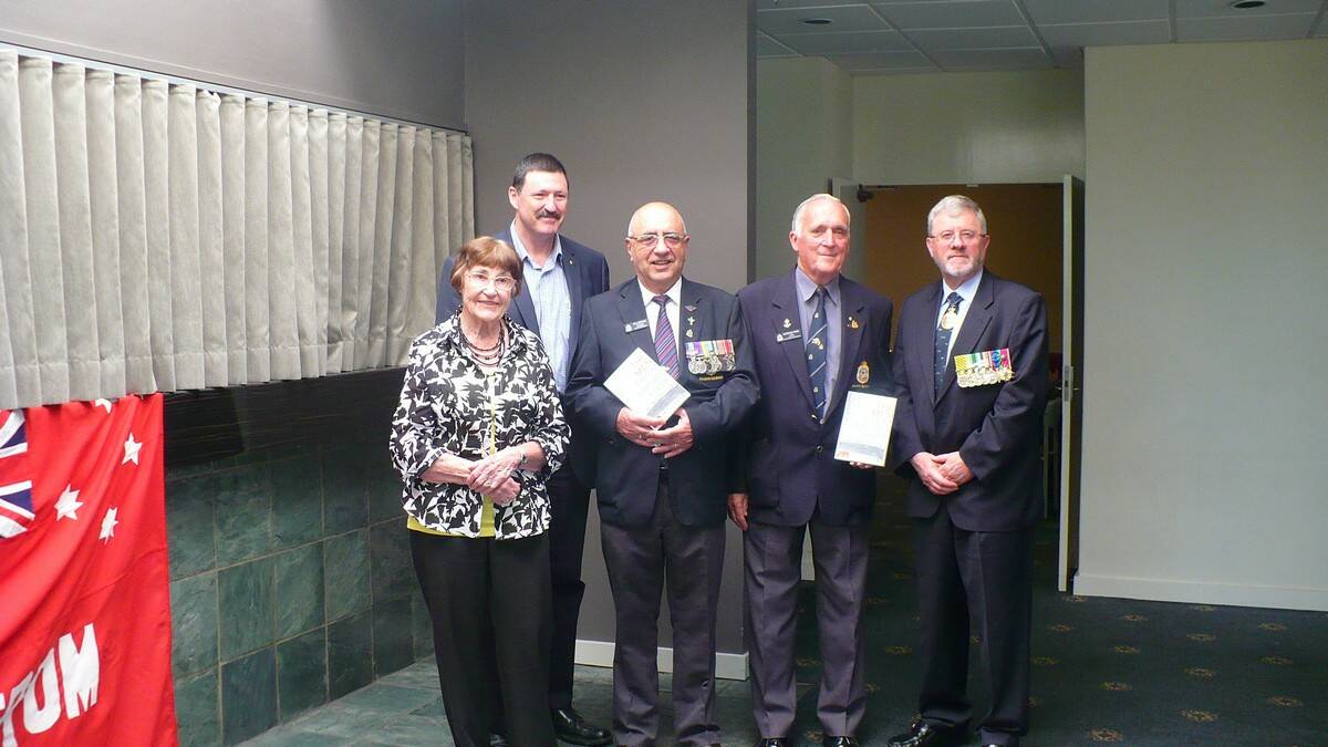 Author, Natalie Armstrong with Dr Mike Kelly, Rear Admiral Gates,Goulburn RSL President, Gordon Wade and Secretary, Mal Ritchie at the book launch in Goulburn.
 