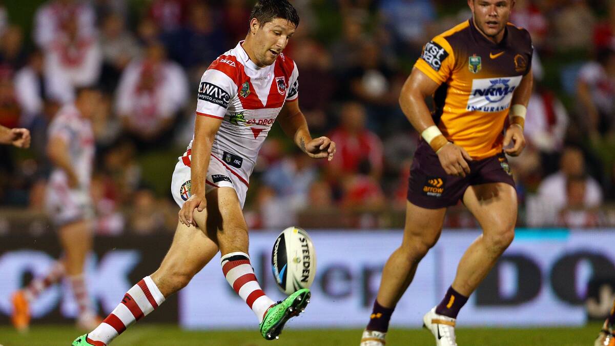 Gareth Widdop of the Dragons kicks ahead during the round four NRL match between the St George Illawarra Dragons and the Brisbane Broncos at WIN Stadium. Picture: Getty