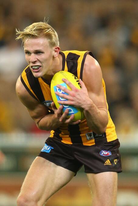 Will Langford of the Hawks marks. The Hawks defeated the visiting Dockers 137-79. Picture: Getty Images