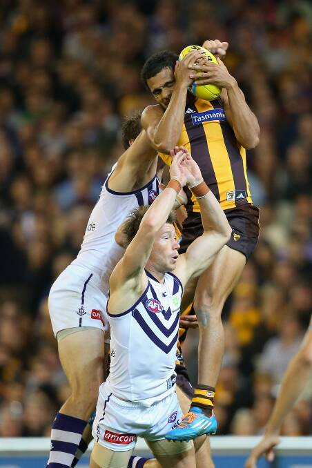 Cyril Rioli of the Hawks marks over the top of Lee Spurr of the Dockers. The Hawks defeated the visiting Dockers 137-79. Picture: Getty Images