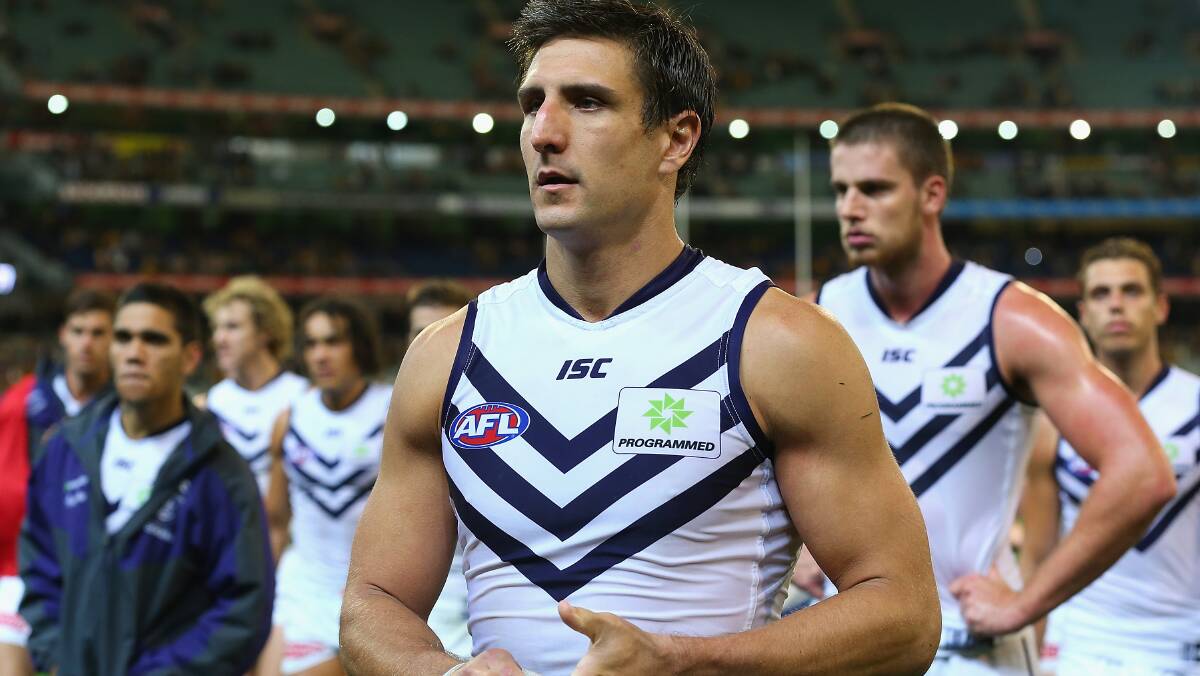  Matthew Pavlich of the Dockers looks dejected as he leaves the field. The Hawks defeated the visiting Dockers 137-79. Picture: Getty Images