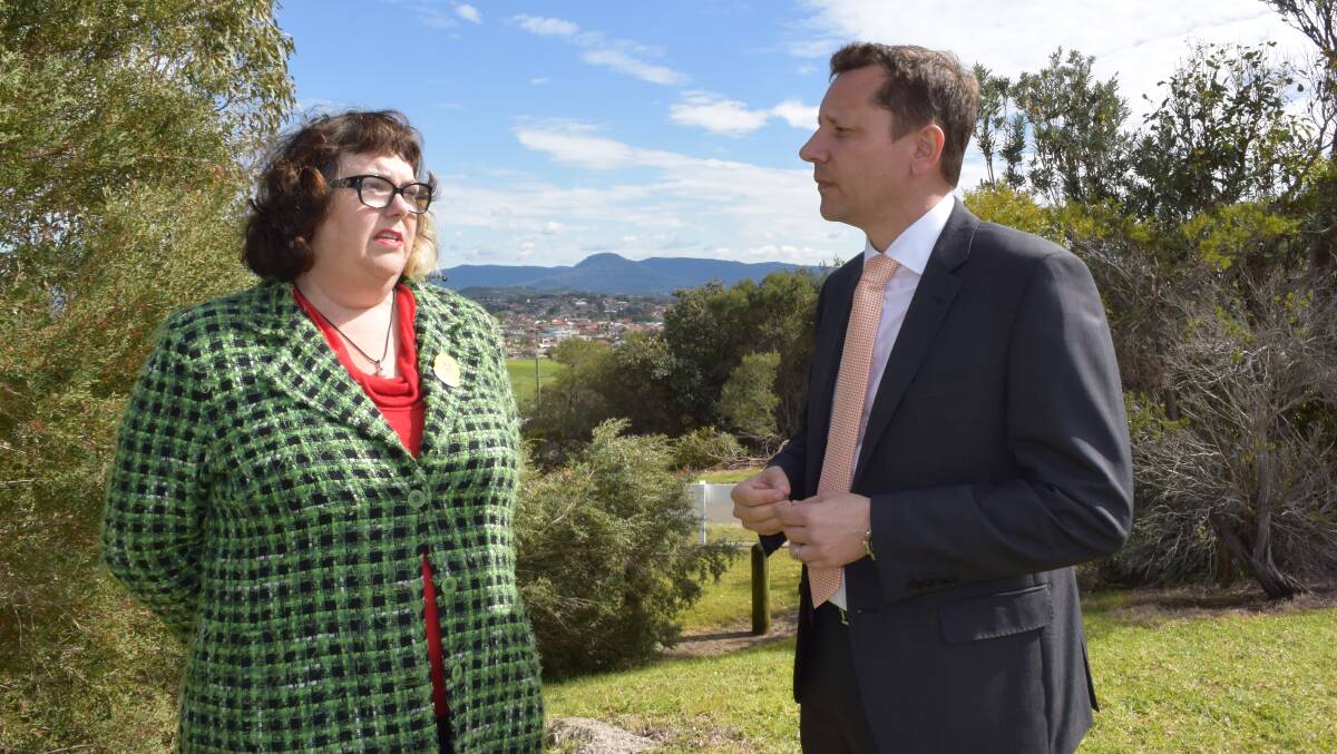 Labor’s candidate for Wollongong Paul Scully (right) and Labor Wollongong City Councillor Ann Martin at Port Kembla's Hill 60 on Thursday morning. Picture: Andrew Pearson