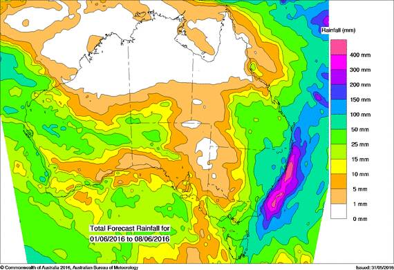 WET WEEK: The weather bureau's rain forecast, issued on Wednesday morning, shows parts of the east coast could be drenched by up to 150mm of rain over the next eight days. Source: Bureau of Meteorology