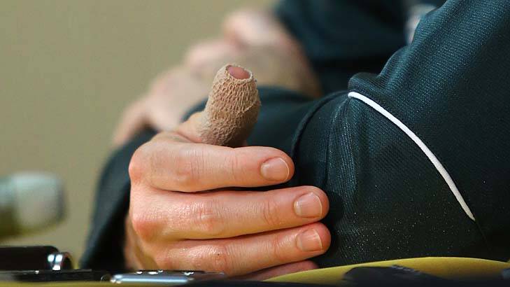 Michael Clarke's bandaged thumb. Photo: Morne de Klerk