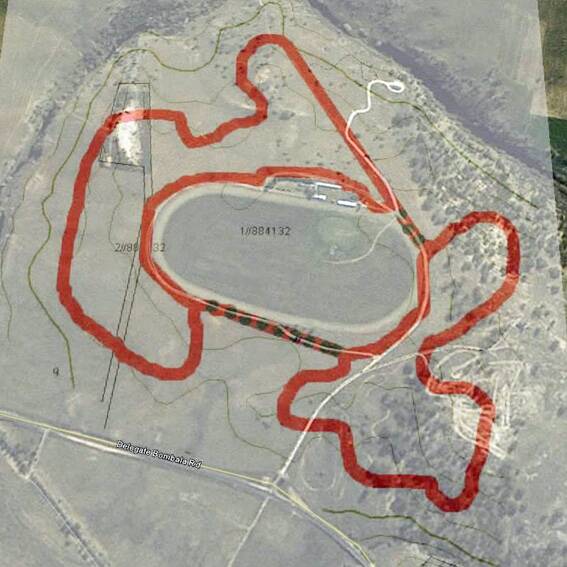 The proposed track (shown in red) would be built over a number of years, with the first stage being the upgrade of the existing dirt bike track on the racecourse land (shown to the right).