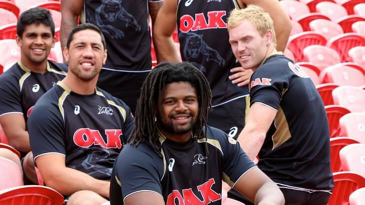 Peter Wallace (far right) with fellow new Panthers recruits (from right) Jamal Idris, Brent Kite and Tyrone Peachey. Photo: Anthony Johnson