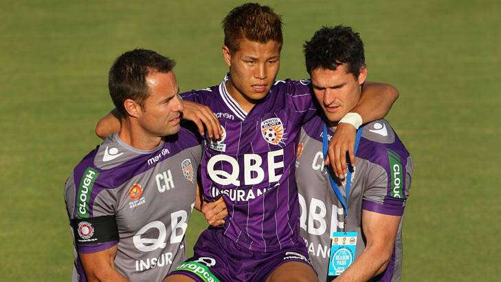 Ryo Nagai of the Glory is carried from the field with an injury during the round 11 A-League match between Perth Glory and Adelaide United. Photo: (Photo by Paul Kane/Getty Images)
