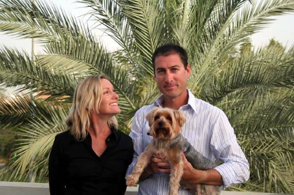 Marcus Lee in Dubai with his wife, Julie, and Yorkshire terrier Dudley.