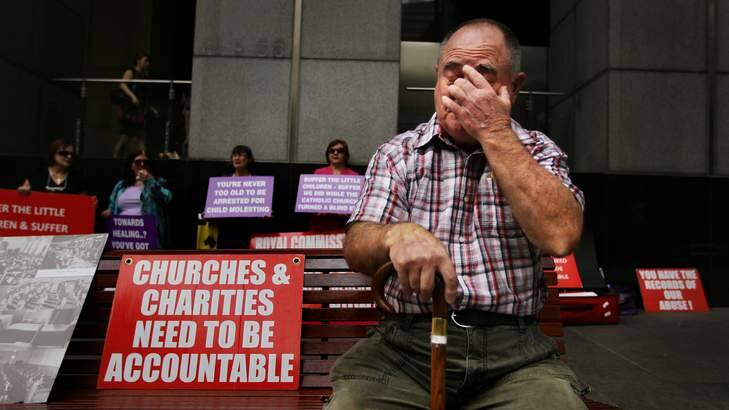 Survivor of abuse, Les Johnson 72, from Sydney grew up in orphanages in the Newcastle and Gosford area in the 1950s among protesters outside the Royal Commission into the Institutional Responses to Child Sexual Abuse public hearing into the response of 'Towards Healing', being held in Sydney. Photo: Kate Geraghty