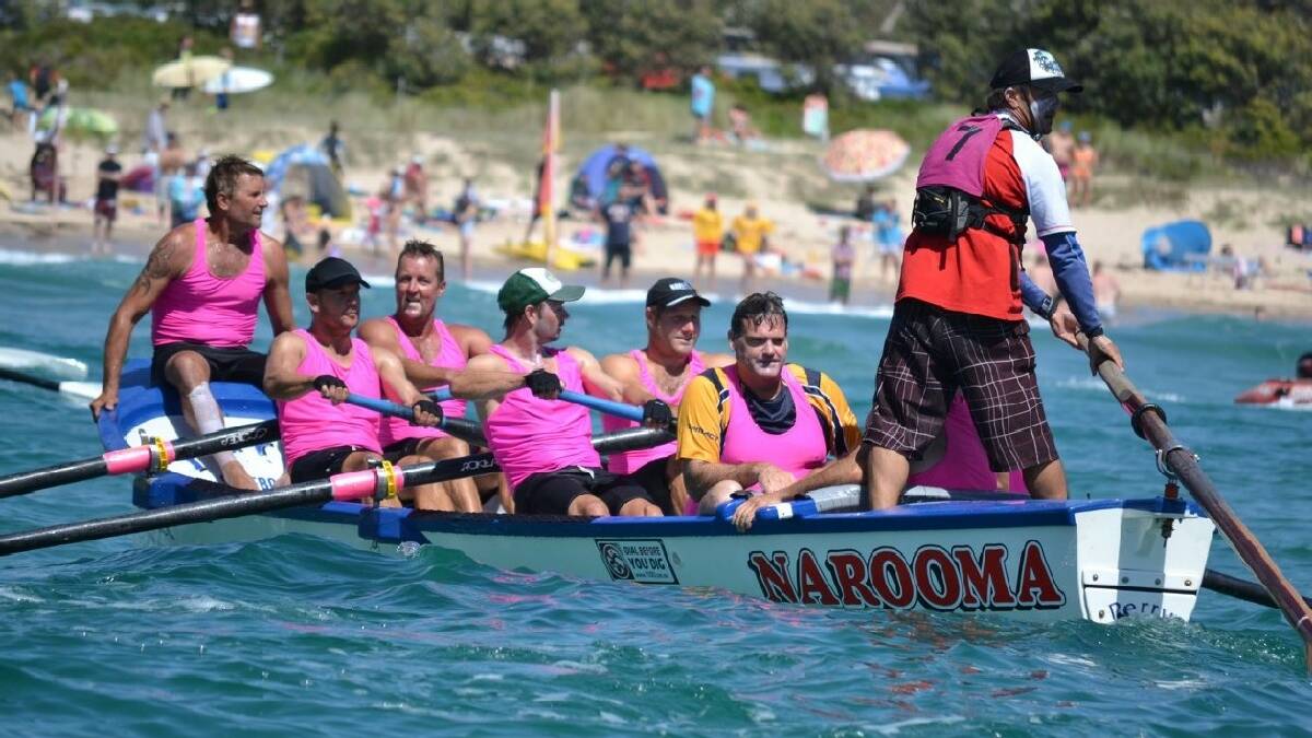 PAMBULA: The Narooma Men’s Veteran   crew all jumped into the boat after   winning their seventh consecutive win   on the final leg of the George Bass   Surfboat Marathon. Narooma went seven   from seven, winning every leg in the   epic marathon.