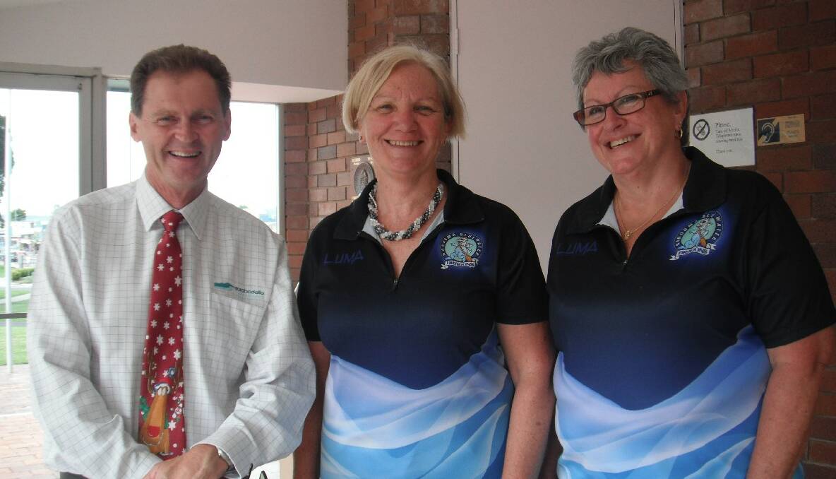 NAROOMA:  Blue Water Dragons grant application for the Eurobodalla Shire Council’s Healthy Communities grant was successful.   Kathryn Essex and Helen Hayes received the money from Clr Lindsay Brown at a ceremony and afternoon tea at Moruya at   Wednesday.