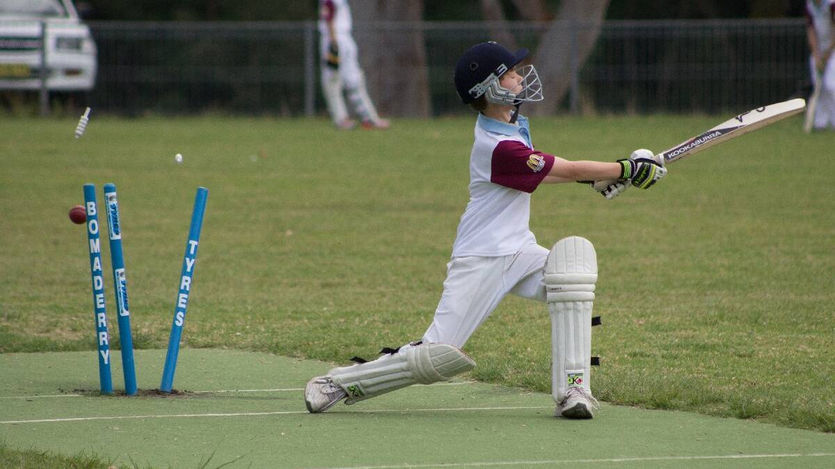 NOWRA: North Nowra-Cambewarra under 12s batsman Alexander Jelavic is comprehensively clean bowled by Bomaderry's  Peter Bowern on Saturday. Photo: JORDAN MATTHEWS