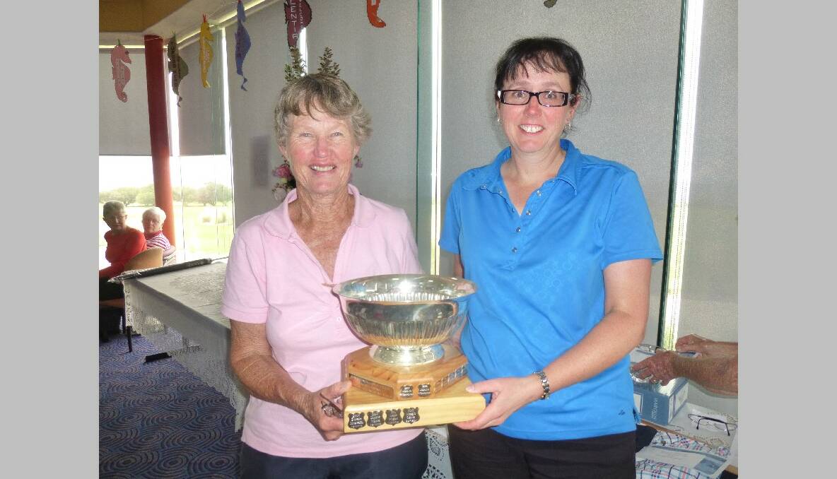 NAROOMA: Kay Lawrence with Debbie Finlaison (right), who came from the Highlands Golf Club in Mittagong to win the Narooma Amateur Bowl for the best handicap score over 36 holes.  