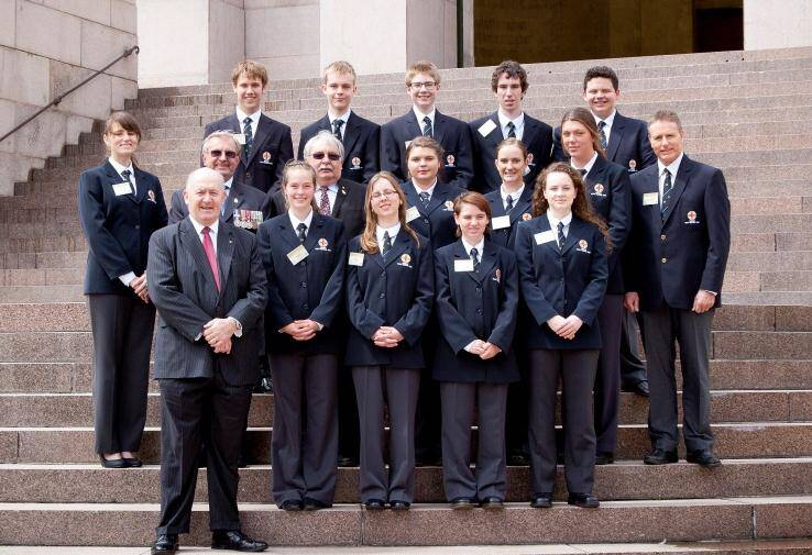 Bombala High teacher, Caitlin Morrison (far left), with General Peter Cosgrove and the Premier’s ANZAC Memorial Scholarship study group which Caitlin is currently accompanying to Europe. 