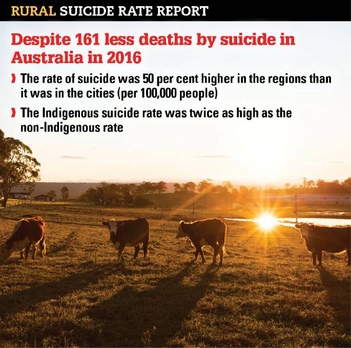 The Rural Suicide Prevention Position Paper shows the rate of suicide per 100,000 people was 15.3 in the bush and 10 in the capitals.