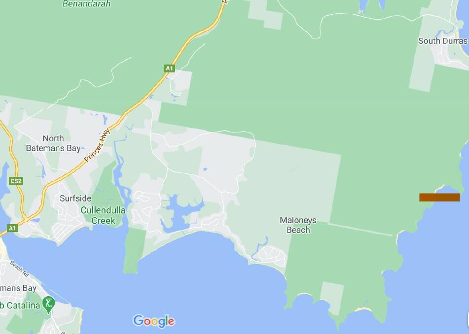 Highlighted at right is the remote Richmond Beach, north-east of Maloneys Beach, near Batemans Bay. A search continues on January 26 for a snorkeller who did not return the day before.
