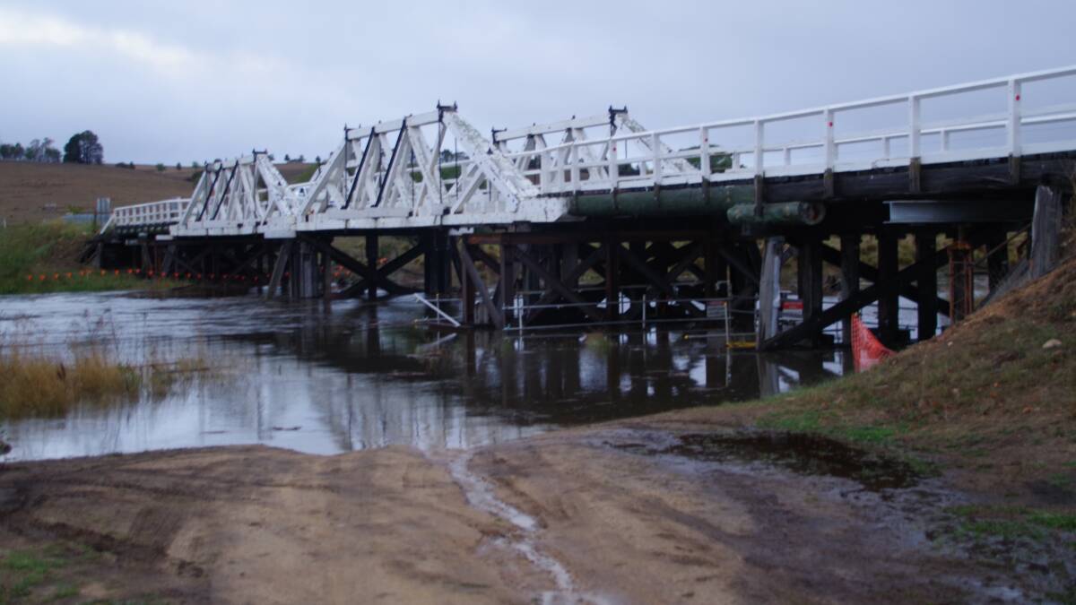 The Coolumbooka Bridge on Monday night as the river was still rising.