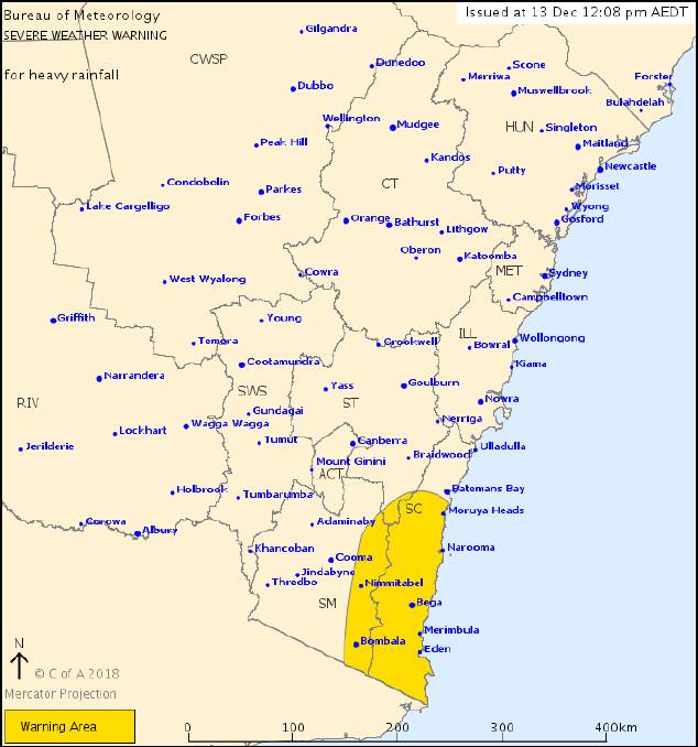 Severe storm warning for Far South Coast, flood watch issued