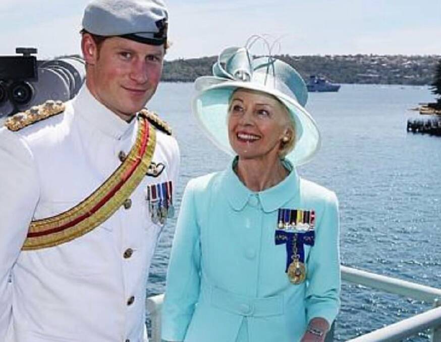 Then-Governor General Quentin Bryce wears one of Cynthia's creations while meeting Prince Harry at the International Fleet Review in Sydney, October 2013.