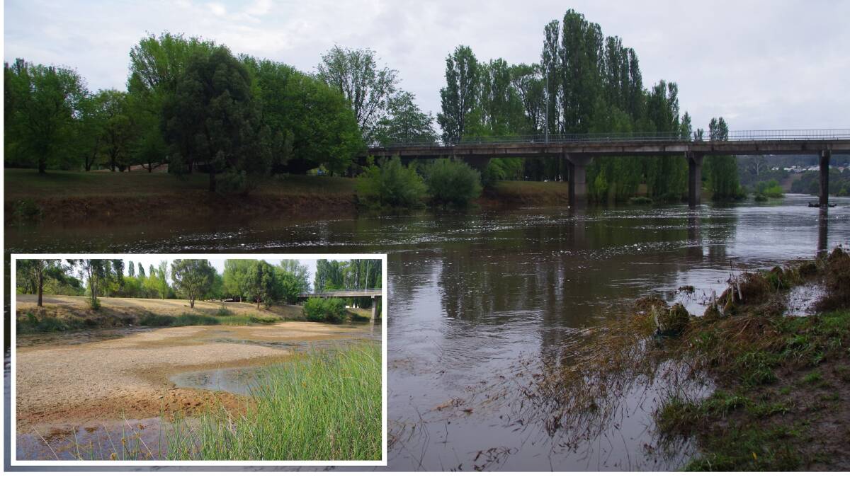 WHEN IT RAINS: The Bombala River following the past two days' rain and (inset) in December.