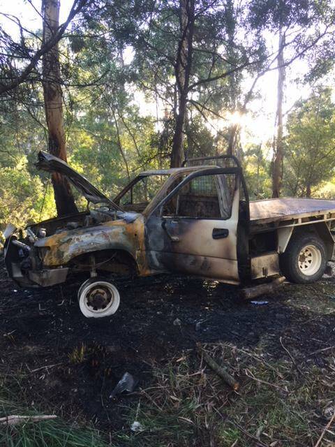 The stolen Toyota Hilux found burnt out at the Coopers Rest Area on Wednesday, July 24. Picture: Supplied.