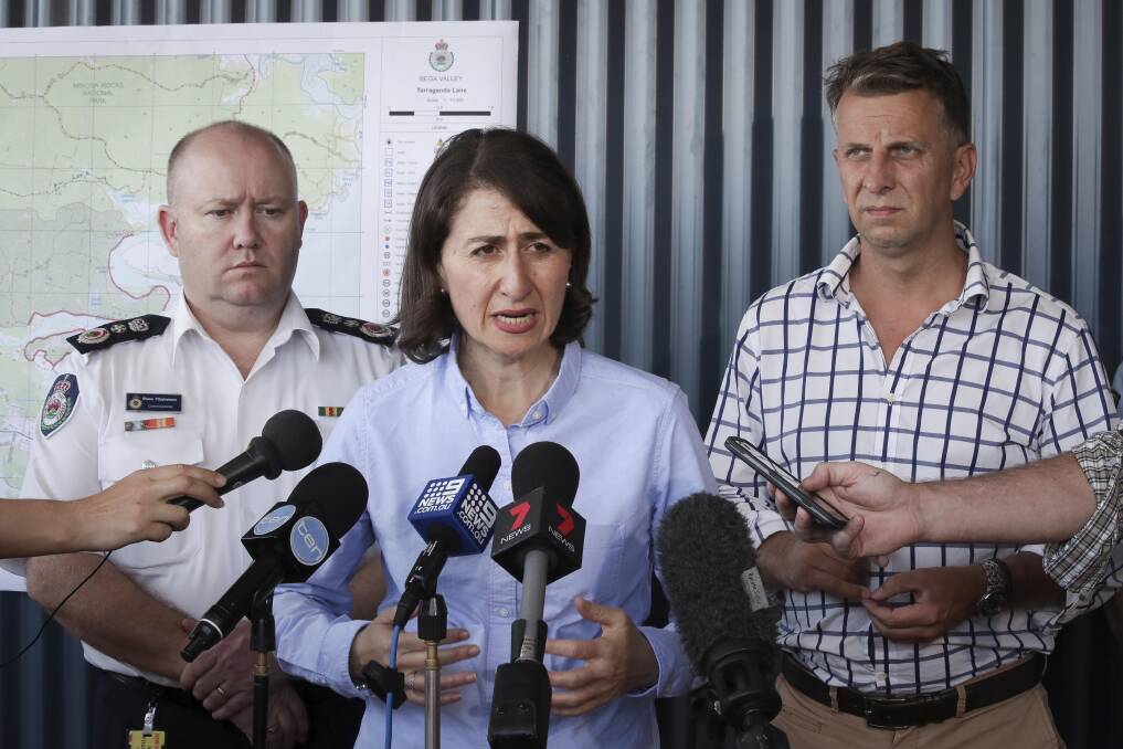 TATHRA BUSHFIRE: NSW Premier Gladys Berejiklian in Bega to declare Tathra a disaster recovery scene with Member for Bega Andrew Constance.