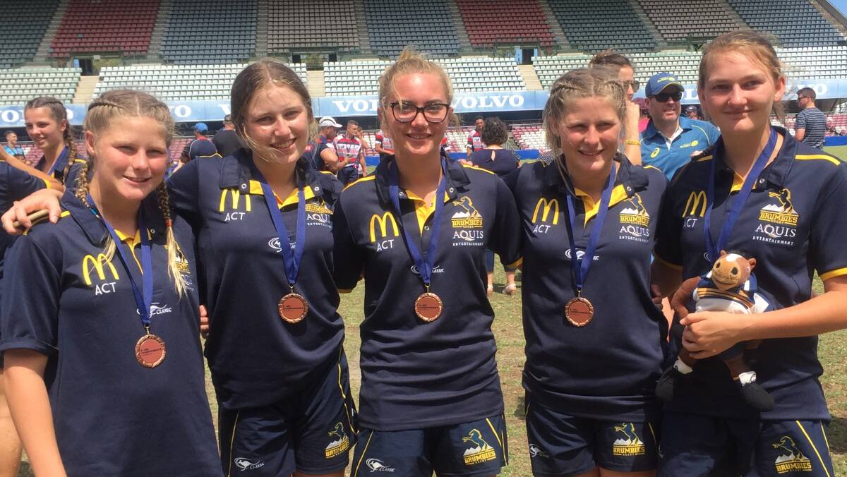 Bronze medallists: The five Falcons girls representing who finished third in the National Youth 7s. Picture: Pauline Millard. 