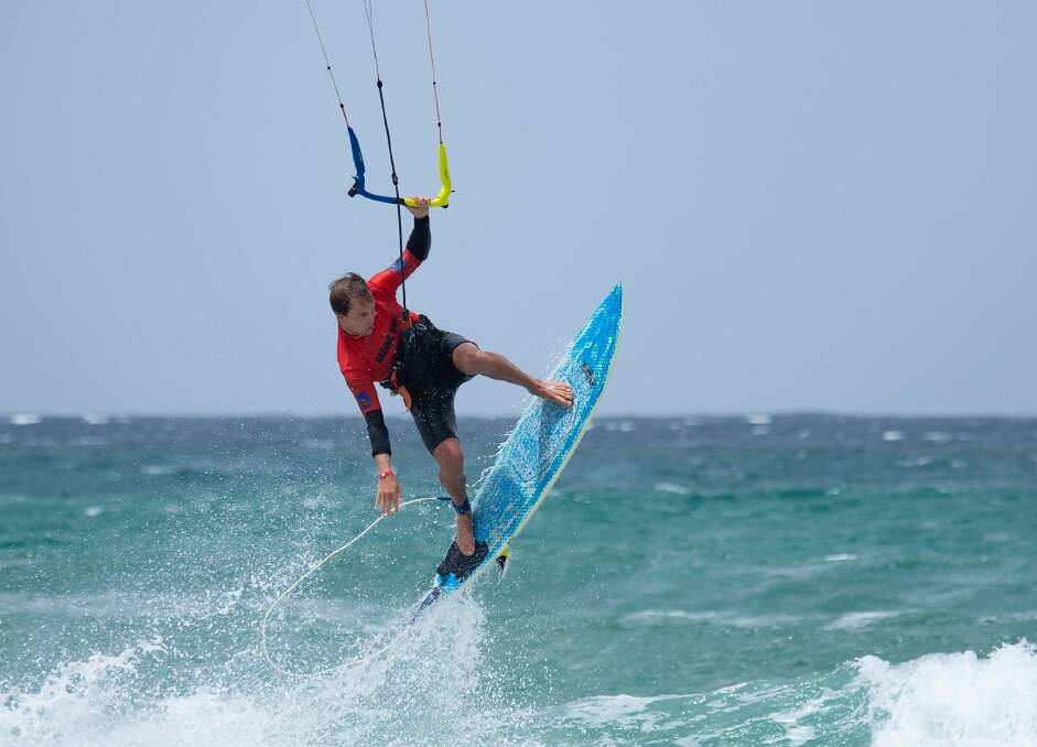 Air-time: North and South Easterly winds provided excellent kite surfing conditions on Main Beach Merimbula for the annual Classic. Picture: Henry and Trish Jones. 